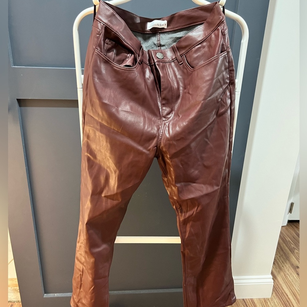 Flare loft faux leather maroon pants